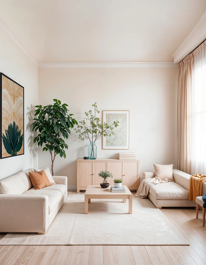 Serene luxury living room with warm lighting